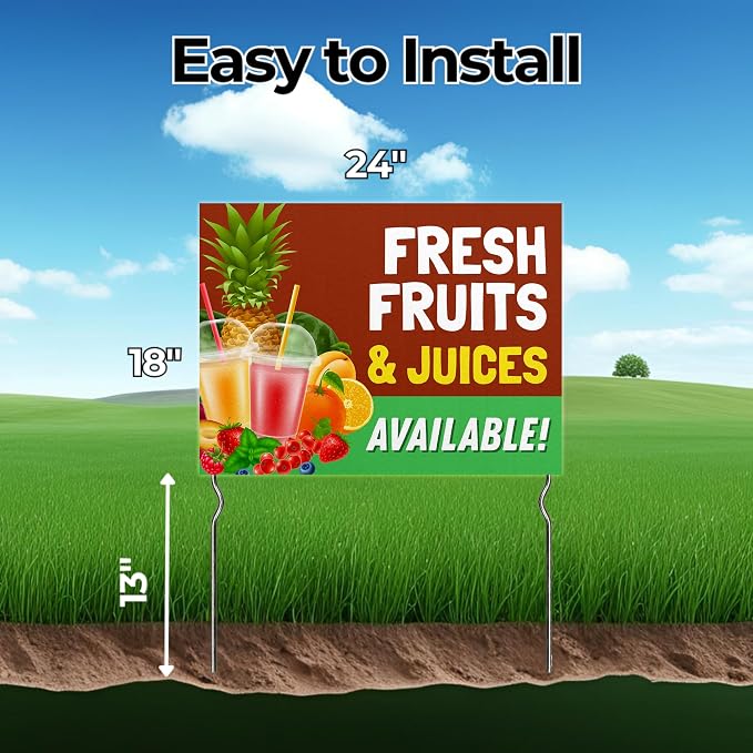 Fresh Fruits & Juices Available! Yard Sign by DC | 24"x18" Double Sided Conv. Store Garden Sign with 13” Metal Stakes | Outdoor Signs Waterproof for Lawn, Patio, Sidewalk & House | Set of 1