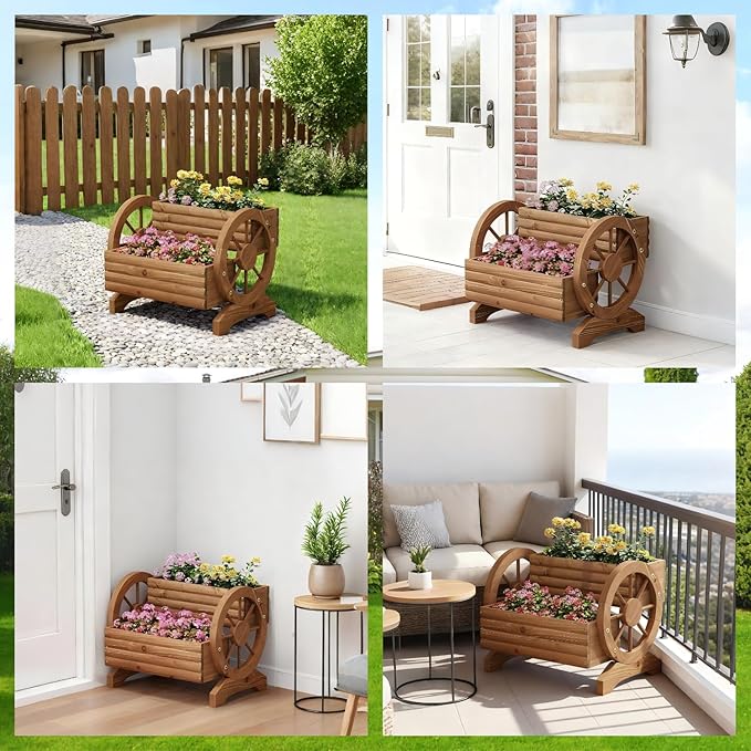 Wooden Wagon Planter Outdoor Flower Cart with Wheels Garden Planter, Decor Planter for Patio Decoration Succulent Flower Pot for Indoor Backyard Yard Decor Porch Balcony Planters (Brown, Medium)