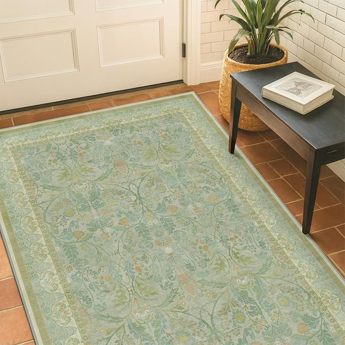 Sage Green 3x5 Area Rug for Entryway, Machine Washable Floral Large Door Mats Indoor Entrance, Non Skid & Low Pile Thin Rugs for Kitchen Bedroom, Reading Corner