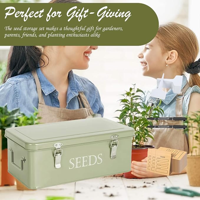 Ecopark Seed Storage Box, Professional All-in-one Kit with 2 Pens, 20 Plant Labels and 50 Seed Envelopes, Metal Storage Organizer, Saving Box, Seed Packet Container, Large, Green