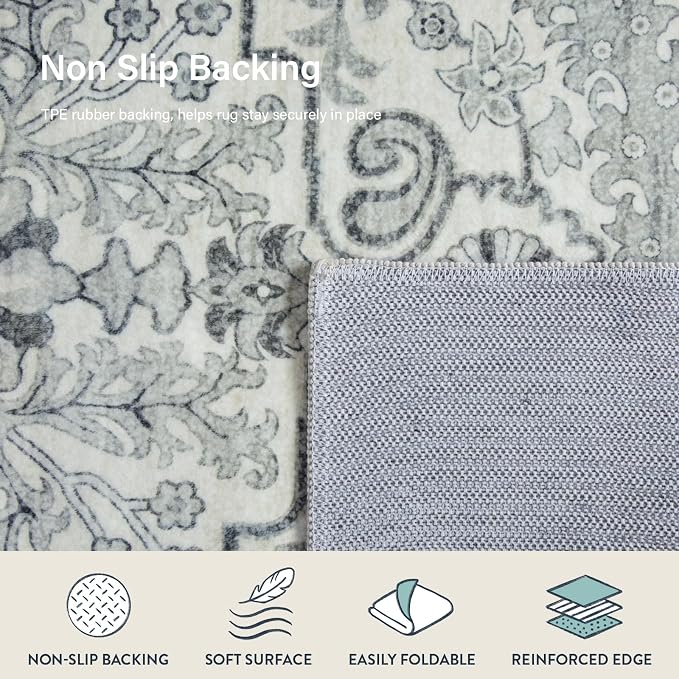 Lahome Reine Round Rug 4ft, Soft Rug for Bedroom Machine Washable Office Circle Rug, Bohemian Medallion Non-Slip Non-Shedding Low Pile Printed Indoor Carpet for Kitchen Laundry Bathroom, Beige