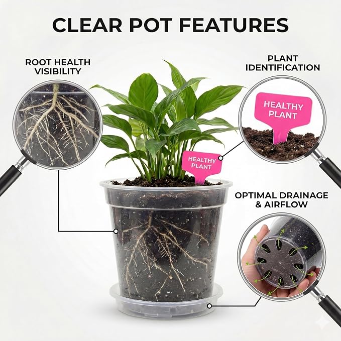 Zonara Clear Nursery Pots with Drainage 12 Pack, 5/6/7/8 Inch Transparent Plastic Plant Pots with Saucers, Mesh Pads & Plant Tags, Reusable Pots for Indoor Plants, Seedlings (5/6/7/8 Inch)