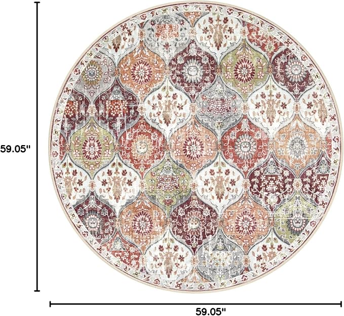 Lahome Moroccan Washable Round Area Rug, Soft Round Rug 5ft Non-Slip | Trellis Non-Shedding Distressed Circle Carpet for Bedroom Living Room Bathroom Nursery Elise, Orange Terracotta