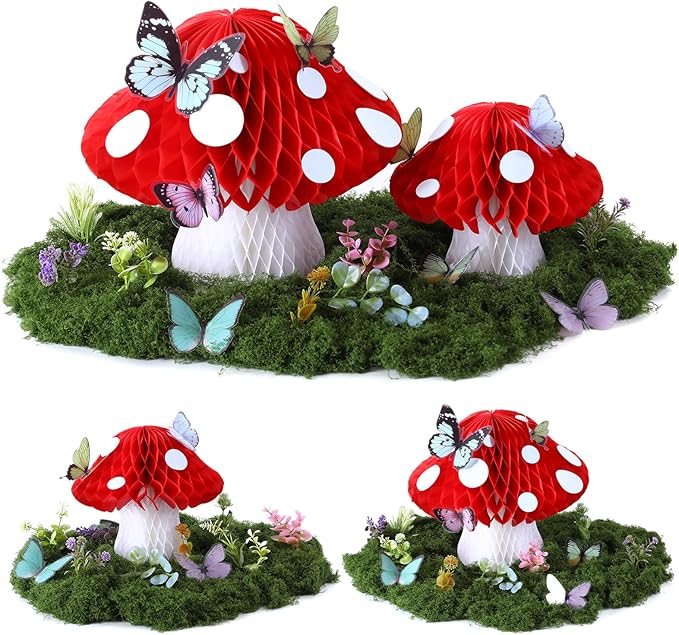 Fairy Garden Accessories Kit Set Include 6 Large 3D Forest Mushroom Honeycomb Table Centerpiece Decor, 20 Fake Flowers Plants, 3.5oz Moss, 36 Butterflies for Fairy Garden Birthday Party Decor