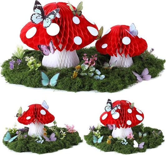 Fairy Garden Accessories Kit Set Include 6 Large 3D Forest Mushroom Honeycomb Table Centerpiece Decor, 20 Fake Flowers Plants, 3.5oz Moss, 36 Butterflies for Fairy Garden Birthday Party Decor