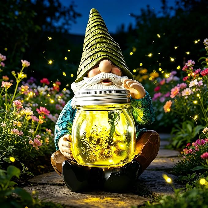 VOOKRY Solar Garden Gnome Statues, Outdoor Gnome with Firefly Solar Lights | Birthday Gifts for Mom Women Christmas Mother's Day, Garden Figurines for Yard Decor Patio Porch Lawn Ornaments
