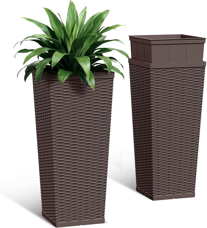 30 Inch Tall Plastic Planters(Set of 2), Detachable Inner Pot & Drainage Holes, Outdoor Decorative Flower Pots for Large Plants, Trees, Patio, and Garden, Brown