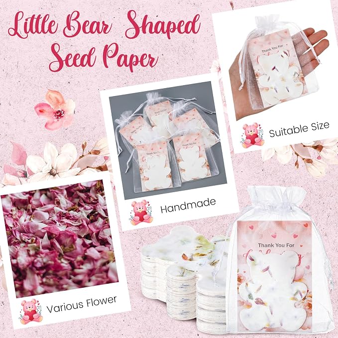 Dunzoom 50 Sets Baby Shower Party Gifts for Guests Little Bear Shaped Seed Paper Handmade Flower Petals Tags Plantable Wildflower Seed Paper Recycled Thank You Cards and Organza Bags for Party Favor