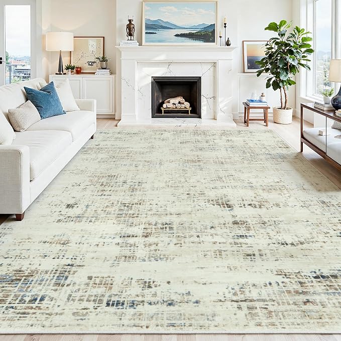 9x12 Washable Area Rug for Living Room Bedroom: Non-Slip Modern Gray White | Machine Washable TPR Backing, Stain-Resistant Low Pile, Pet & Kid Friendly, Abstract Decor for Dining Room, Dorm, Home Office