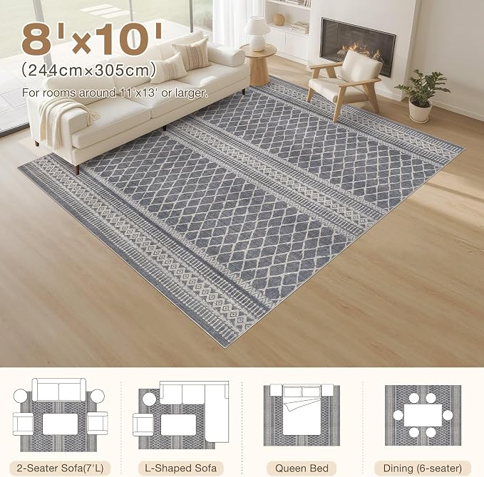 cotiled Boho 8x10 Area Rugs for Living Room: Large Moroccan Washable Rug | Stain Resistan Carpet for Bedroom Farmhouse Dining Room Grey