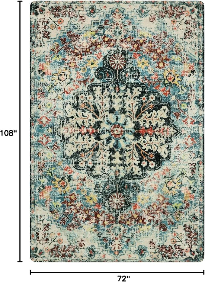 Lahome Reine Area Rugs 6x9, Washable Area Rugs for Living Room Non Slip Bedroom Dining Room Rug, Large Bohemian Soft Stain Resistant Indoor Floor Carpet for Apartment Nursery Kids Room, Teal