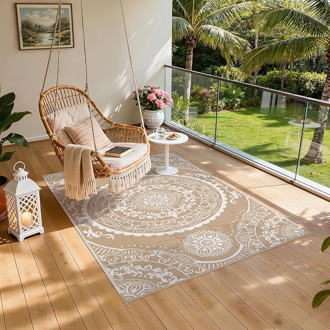 Pauwer Waterproof Outdoor Rug 5x8, Reversible Plastic Straw Patio Camping Rug, Indoor Outdoor RV Mat Carpet for Deck, Camper, Porch, Balcony, Backyard, Picnic, Paisley Brown