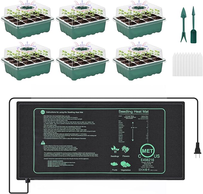 Sckee 6 Pack Seed Starter Tray with 10"x20.75" Seedling Heat Mat, Seed Starter Kit with Humidity Dome, Seed Starting Trays Plant Starter Kit and Base, Kit for Seeds Growing Starting