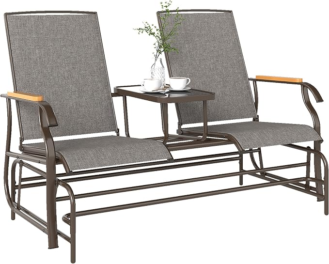 Outsunny 2 Person Outdoor Glider Bench, Patio Swing Glider Chair Loveseat with Breathable Mesh, Table, Steel Frame for Garden, Backyard, Porch, Light Mixed Brown