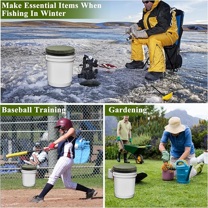 DAJAVE 2 Pack 5 Gallon Bucket Seat 360 Degree Swivel Bucket Seat Cushion, Buckets Seats Lid with Padded Top for Fishing, Hunting, Baseball Gardening and Camping, Water-Resistant (Green)