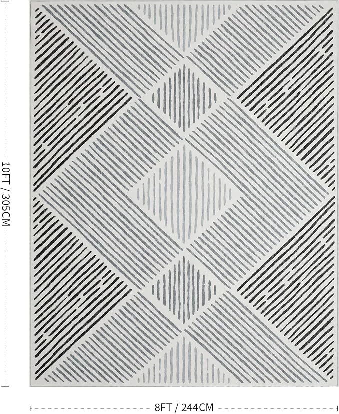 8‘x10' Washable Black and White Modern Area Rug for Living Room | Non-Slip, Low Pile, Stain Resistant, Black Geometric Stripe Large Rug for Bedroom Dining Room