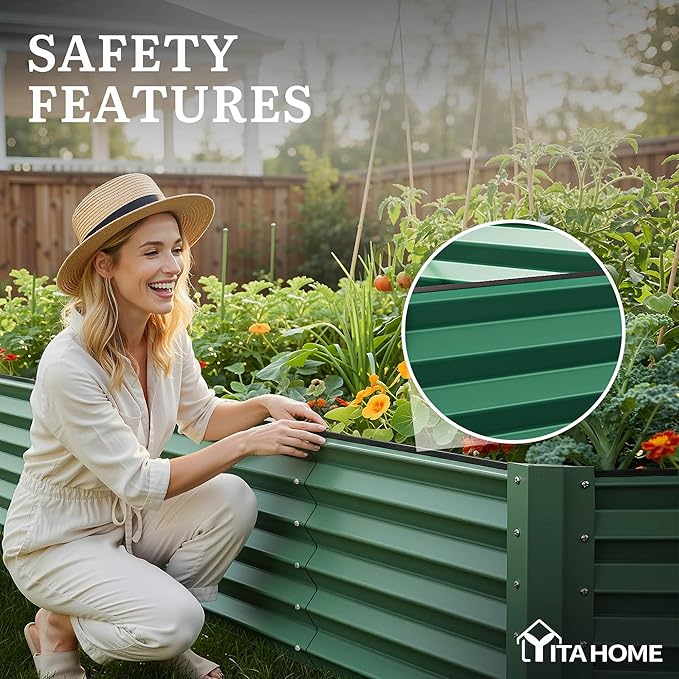YITAHOME 8x4x1.5ft Galvanized Raised Garden Bed, Metal Planter Box with Safety Rubber, Gloves, Outdoor Flower Bed for Planting Plants Vegetables, Green