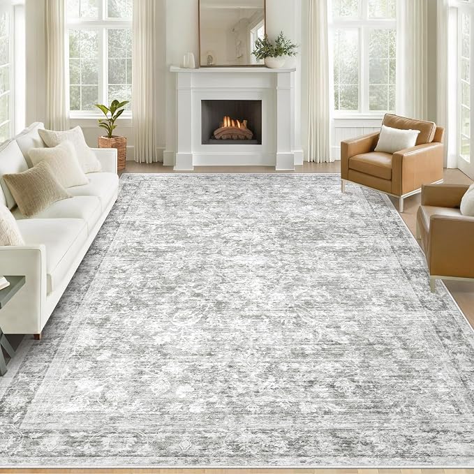 8x10 Area Rugs for Living Room: Washable Large Vintage Floral Rug Low Pile Non-Slip Boho Carpet for Bedroom Dining Home Office (Grey, 8'x10')