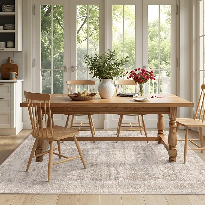 Latte&Fog 5x7 Beige Rug for Living Room，Washable Area Rugs for Bedroom | Non Slip Low Pile Soft Floral Carpet for Dining Kitchen Kids Playroom Nursery Guest Room Classroom Dorm Farmhouse Office