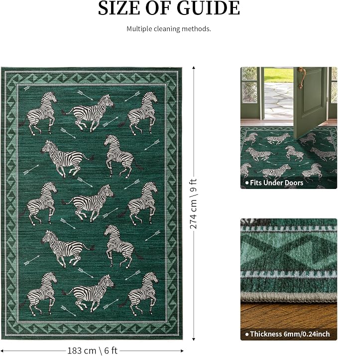 YIHOUSE Green Zebra Area Rugs 6×9, Washable Animal Print Rug with Southwestern Border, Non-Slip Low Pile Mid-Century Modern Carpet for Living Room, Bedroom, Dining Room