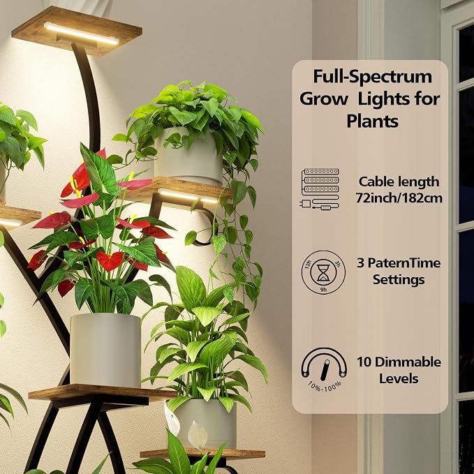 EVAWOO Plant Stand Indoor with Grow Lights - 58" Tall Plant Shelf Indoor, 8 Tiered Corner Lighted Plant Stand for Indoor Multiple Plants, Metal Flower Stands Display Rack for House, Patio, Black