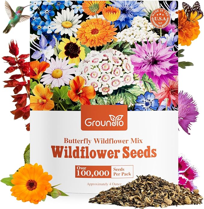 Groundio All Perennial Wildflower Seeds Bulk, 1/4 lb, 100,000+ Seeds, 26 Variety Mix with Milkweek, California Blue Bell, Attracts Pollinators, Plant in Spring or Fall, Zones 3, 4, 5, 6, 7, 8, 9, 10