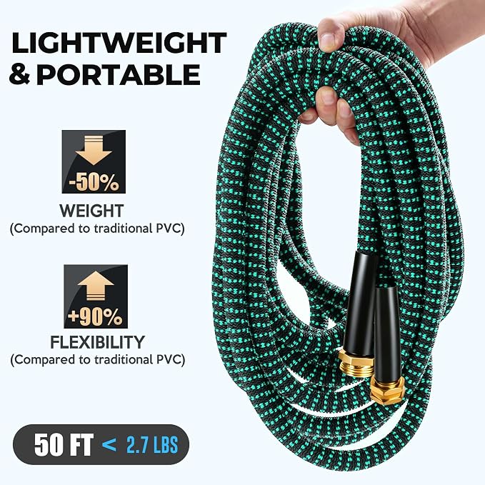 Expandable Garden Hose 50 ft with 10 Function Spray Nozzle, Flexible, Kink Free, Leak-Proof, Ultra Lightweight Retractable Stretch Water Hose 50ft for Yard, Lawn, Car Wash and Outdoor (Black Cyan)