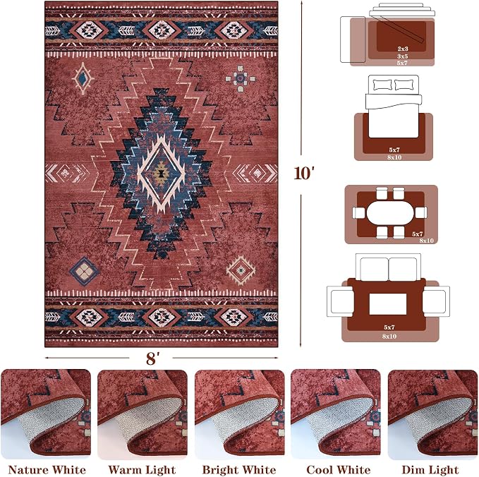 Yinhua Western 8x10 Rugs for Living Room, Aztec Washable Area Rug Low-Pile | Soft Rust Large Area Rug Non-Slip with Rubber Backing, Fall Non-Shedding Carpet for Office Nursery