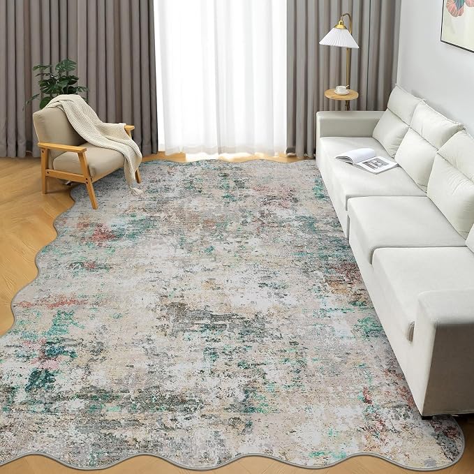 ROYHOME Modern Abstract Scalloped Area Rug 10x13 Non Slip, Colorful | Non Shedding Rug Low Pile Stain Resistant for Bedroom Living Room