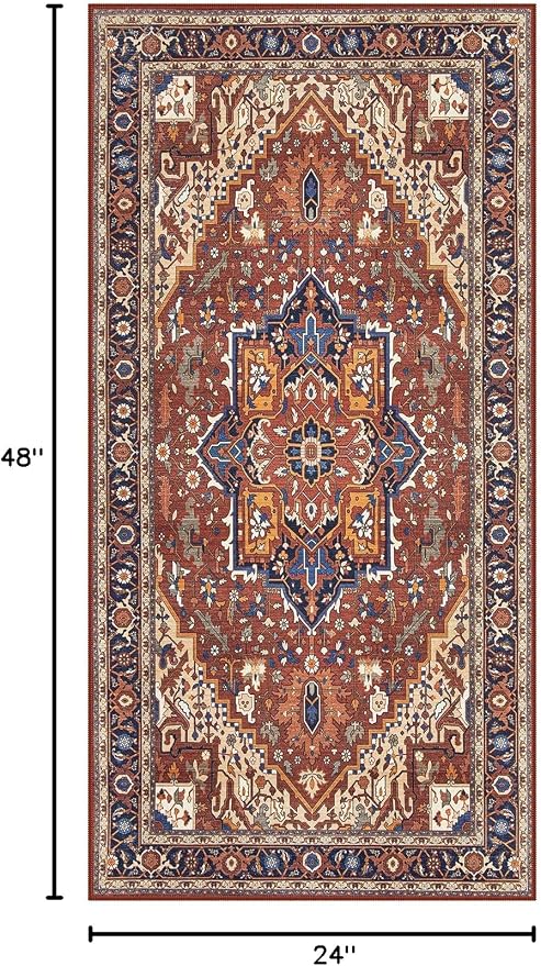 Moynesa Ultra-Thin Washable Kitchen Rugs, 2x4 Small Entryway Rug Door Mat Non Slip Stain Resistant, Oriental Throw Rug for Front Indoor Entrance Bathroom Laundry Room, Brown/Multi