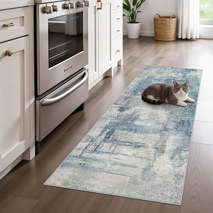 Modern Abstract Runner Rug 2x5: Washable Non Slip Hallway Runner Blue | for Entryway, Kitchen - Soft Low-Pile Carpet with Rubber Backing, Throw Rugs for High Traffic Areas 2x5 Blue