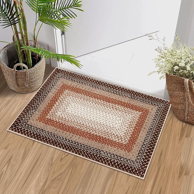 RUGSREAL Entryway Area Rug 2x3 Small Machine Washable Bedroom Rug Non Slip | Bathroom Mat Stain Resistant Kitchen Farmhouse Carpet Modern Rustic Area Rugs for Living Room Dining Room, Brown/Rust