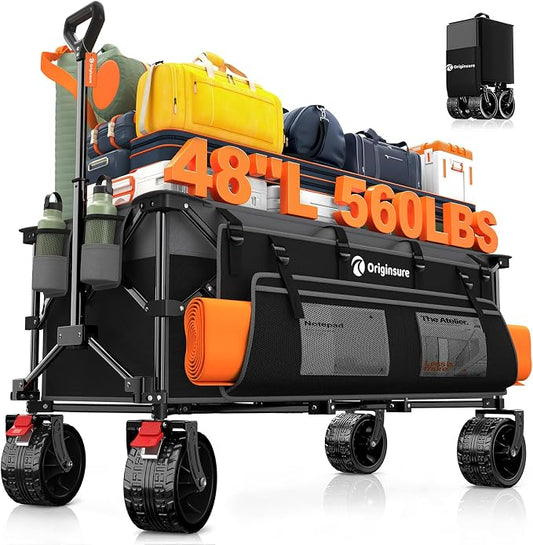 Originsure 48" L Collapsible Wagon Cart Foldable, 560lbs Weight Capacity 300L Heavy Duty Folding Beach Wagons with Big All-Terrain Wheels, Utility Carts for Groceries, Camping, Sports - Grey&Black