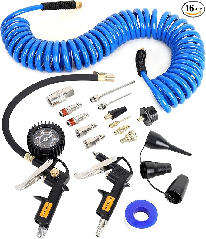 16 Pieces Heavy Duty Air Compressor Accessory Kit, 1/4 inch 25ft Recoil Poly Air Compressor Hose Kit, 100PSI Tire Inflator Gauge, Blow Gun and Nozzles, 1/4" NPT Air Coupler and Plug Kit