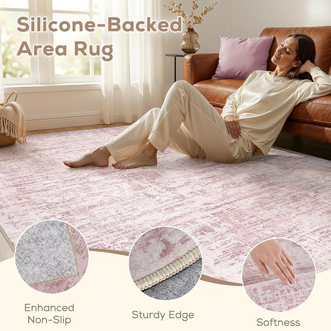 Nakagishi 6X9 Abstract Washable Area Rugs for Living Room-Pink | Modern Non-Slip Silicone Backing Low Pile Soft Carpet for Bedroom Dining Decor Ideal for Families with Kids and Pets