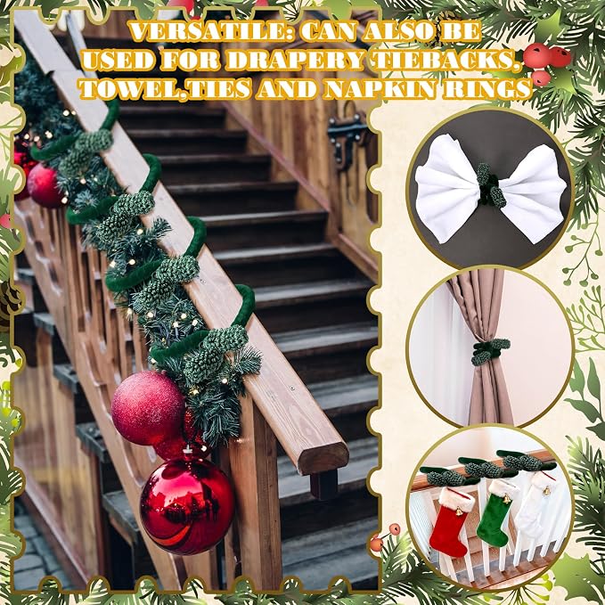 Jutom 16 Pcs 25 Inches Christmas Velvet Garland Ties Decorative Banister Twist Ties Reusable and Flexible for Xmas Light Banisters Home Stairways Railings Decoration(Green)