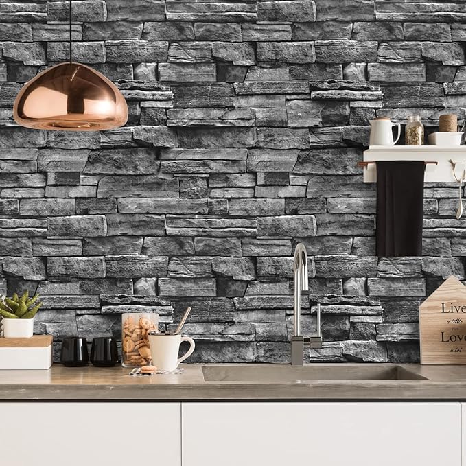 Jeweluck Grey Brick Wallpaper Peel and Stick Wallpaper 17.7”×393.7” Faux Stone Wall Paper Peel and Stick Brick Contact Paper for Kitchen Stone Self Adhesive Removable Decorative for Walls Vinyl