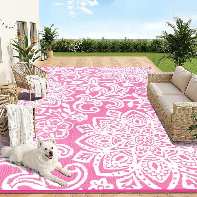 Findosom Waterproof Outdoor Rug 8' x 10' - Reversible Mandala Outdoor Plastic Straw Rug, Durable Foldable Patio Rug for RV, Deck, Balcony, Backyard, Picnic, Porch, Camping, Beach, Pink