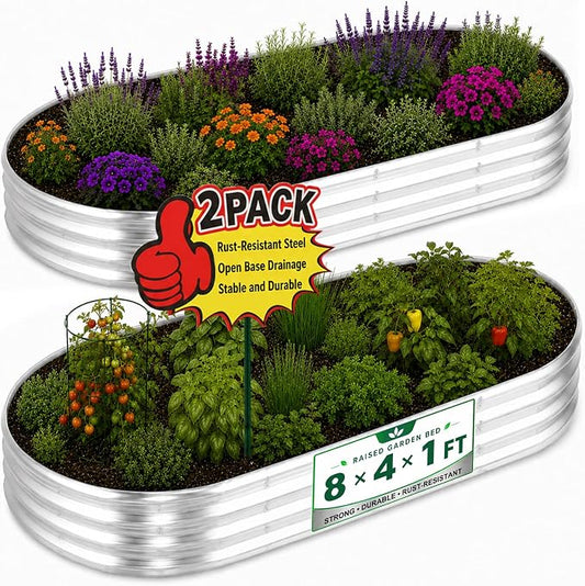 HOOPLE 2 Pack 8x4x1FT Galvanized Raised Garden Beds for Vegetables, Large Oval Metal Planter Box Outdoor, 32 Cu Ft Deep Open Bottom Garden Bed Kit for Backyard, Flowers, Herbs & Deep-Rooted Plants