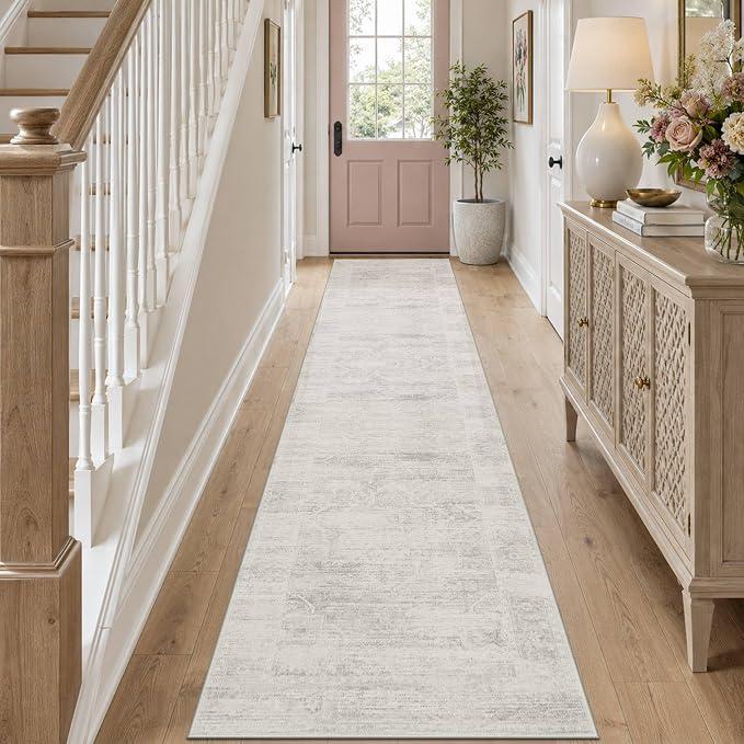 Latte&Fog Hallway Runner Rug 2x10 Non Slip Washable Ivory Rugs for Kitchen | Low Pile Soft Neutral Throw Rug Doormat for Entrance Bathroom Laundry Bedside Bedroom Nursery Playroom Hallyway Dorm Office