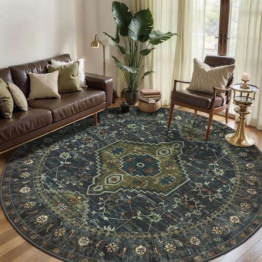 Tangsoo Green Large Round Area Rugs 6ft, Boho Washable Non Slip Circle Rug | Oriental 6x6 Round Carpet,Vintage Soft Low Pile Circular Rug for Living Room Dining Room Bedroom Office Olive Green Decor