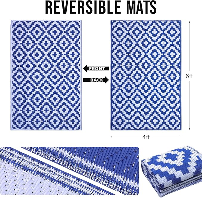 OLANLY Waterproof Outdoor Rug 4x6 ft, Outdoor Plastic Straw Rug for Camping, RV Mat Outside, Outdoor Carpet for Porch, Deck, Backyard, Balcony, Picnic, Blue & White