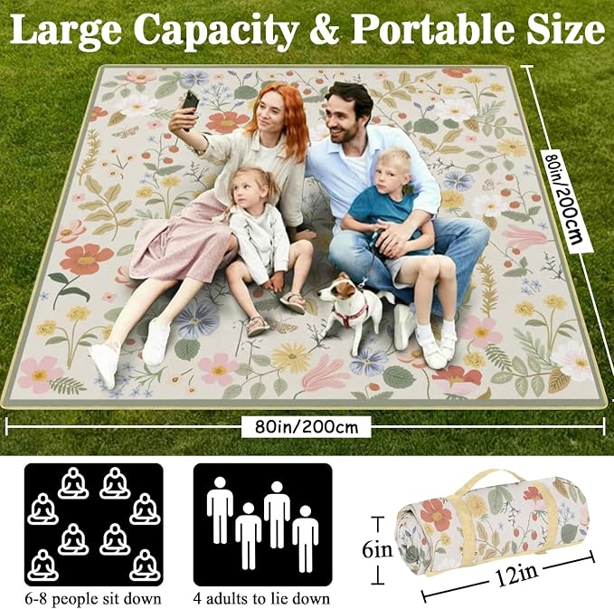 Picnic Blankets Waterproof Foldable Extra Large,80"x 80" Outdoor Beach Blanket Sandproof,3-Layer Lightweight Handy Mat Tote Picnic Camping Rugs for Outside Your Rv (Boho Strawberry Floral)