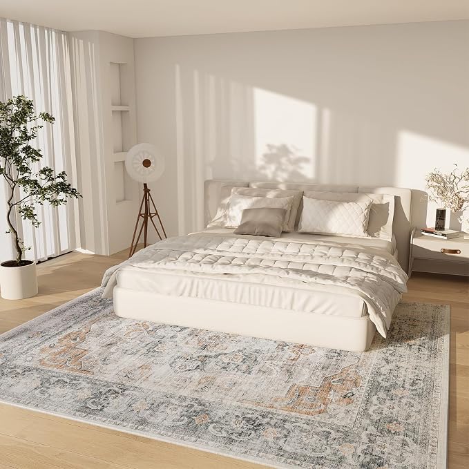 Machine Washable Living Room Rug: 5x7 Area Rugs for Bedroom Non Slip Low Pile Soft Faux Wool Non Shedding Vintage Boho Carpet Rugs for Entryway Dining Room Kitchen Nursery Farmhouse Home Office Indoor