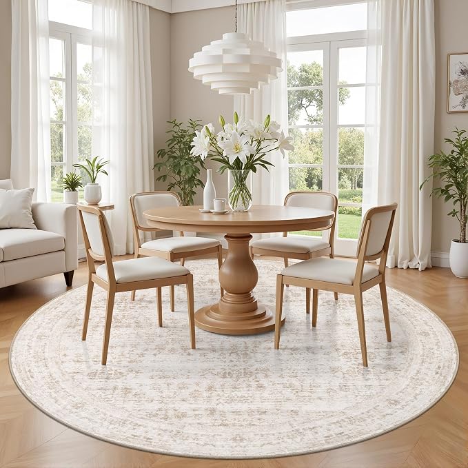 Round Area Rug for Living Room: 6ft Boho Washable Rug Beige Brown | Vintage Boho Soft Round Rug Indoor Floor No Slip Carpet Stain Resistant Rugs for Bedroom Dining Room Nursery Home Office