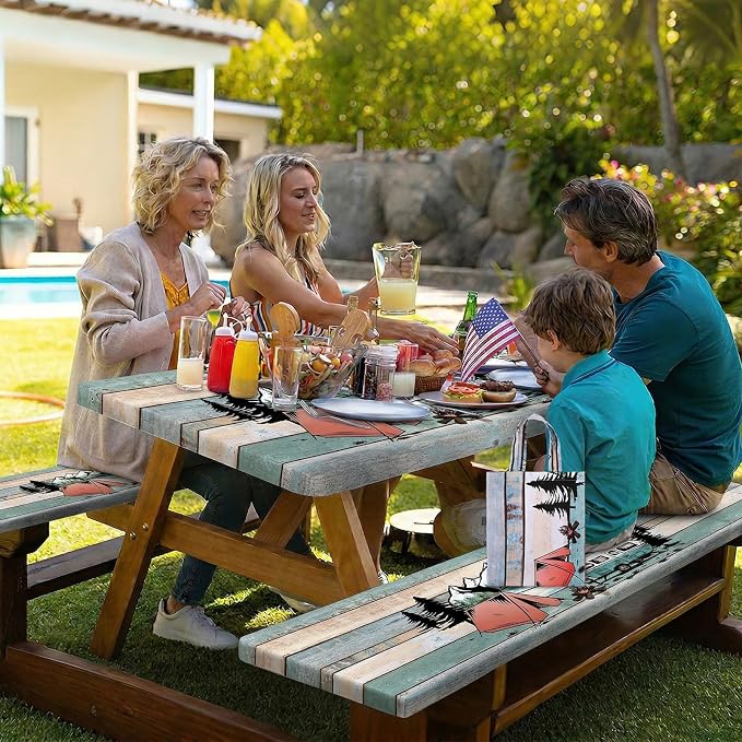 Picnic Table Cover with Bench Covers Elastic Edges Outdoor Camping Essentials 4 Pcs Scenery Waterproof Oil-Proof Tablecloth with Handbag for RV Accessories Farmhouse Camping Rustic Party Decor 72 IN