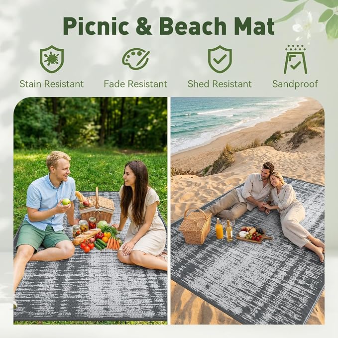 MontVoo Outdoor Rug Waterproof 5x8 ft Outdoor Carpet Patio Rug Mat Reversible RV Camping Rug Plastic Straw Outside Rug for Balcony Porch Deck Picnic Beach Modern Grey