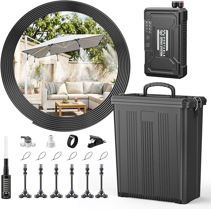 Portable 4 Gallon Misting System with 15000mAh Rechargeable Pump, 33FT Hose – Powerful Outdoor Water Bucket Misters for Outside Patio Cooling, Backyard, Canopy, Camping, Umbrella, Sports, Greenhouse