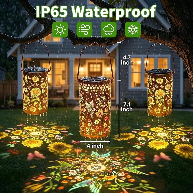 2 Pack Colorful Solar Outdoor Lanterns Waterproof - Sunflower + Hummingbird Solar Lantern Hanging Solar Light for Courtyard & Garden Decor, Ideal Birthday Gifts Mothers Day Gifts for Mom Wife Grandma