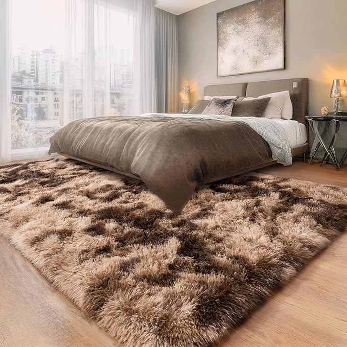 8x10 Area Rugs for Living Room, Large Ultra Fluffy Fuzzy Shag Rug for Bedroom, Modern Plush Soft High Pile Upgrade Non-Slip Carpet for Kids Girls and Boys Room Decor, Tie-Dyed Brown